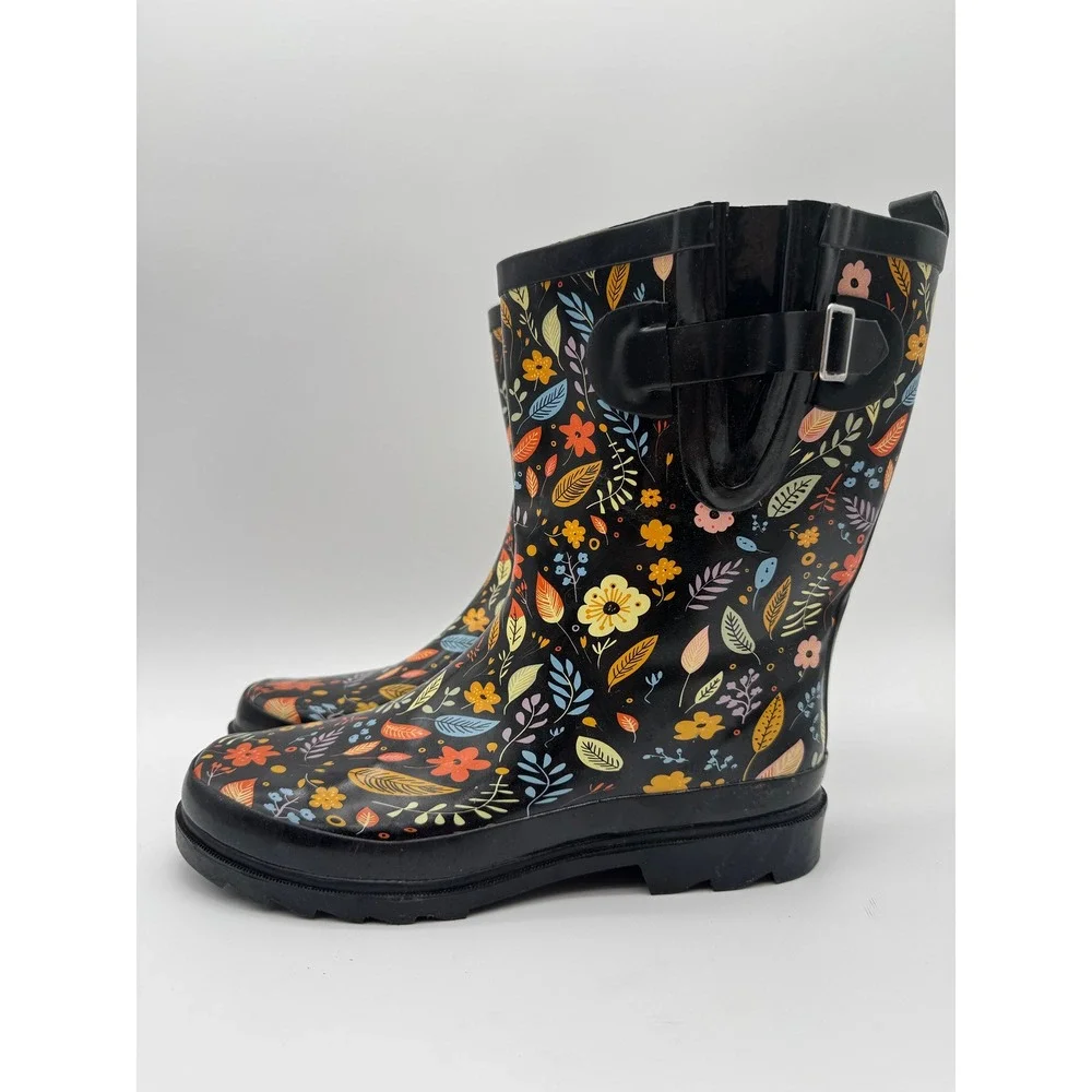 Womens Rain Boots Floral Print Black Waterproof Mid Calf Size 10‎